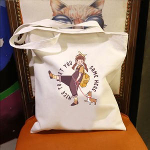 Casual Canvas Single Shoulder Bag with Zipper for Shopping Illustration Design Korean Style Soft Handle Large Size Backpack