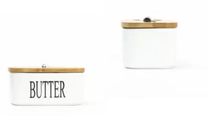 Nordic Butter Box Ceramic Butter Plate with Wood Lid and Knife - Premium Porcelain Container for Fridge - Healthy and Chip-Resistant - Excellent Freshness with Double-Layer Silicone Ring