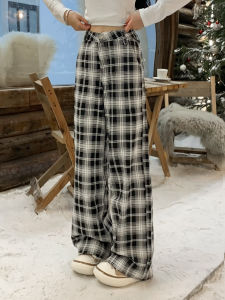High Waist Plaid Casual Pants Womens Loose Lazy Style American Black White Wide Leg Long Pants Female Comfortable Straight Leg Trousers