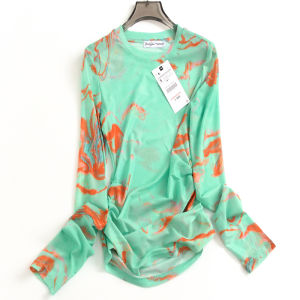 Mesh Floral Print Side Ruched round Neck Long Sleeve Top Spring/Summer New Arrival Cool Girl Trendy Casual Womens T-shirt M337
