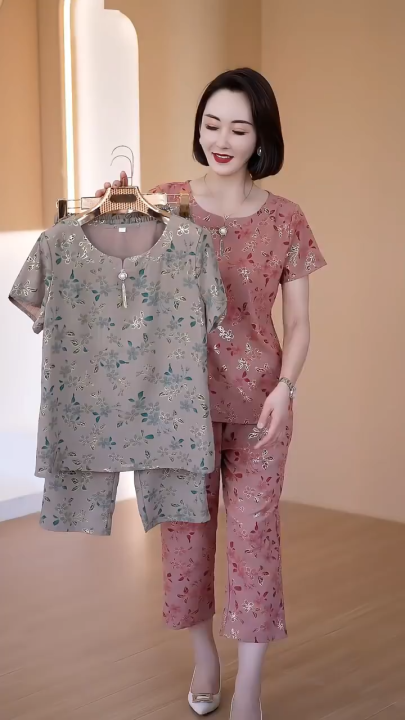 Bộ đồ lụa trung niên mặc nhà cho mẹ chất thoáng mát mặc hè mẫu cộc tay ...