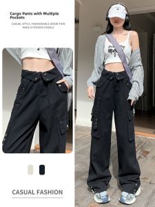 YAMIANNV | 2024 New Black Multi-Pocket Work Pants High Waist Loose Wide Leg Casual Thin Spring Autumn Womens Straight Cut Trousers
