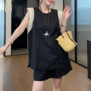 Shalldoer | Casual Lace Splice Sleeveless Womens Set Summer Design Pure Color Shorts Two-Piece Suit Lazy Feelings Fashionable Ensemble