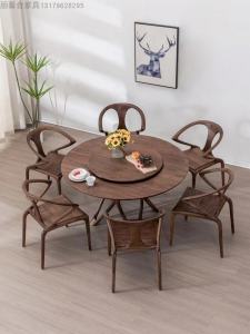 Modern Black Walnut round Dining Table with Rotating Rock Plate Seater for 6 People Solid Wood Restaurant Home Use Table