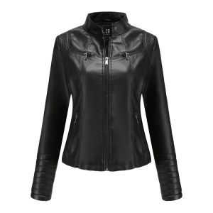FECHENG New Women Spring Autumn Pu Leather Jacket Casual Slim Soft Moto Jacket Biker Faux Leather Jacket Female Coat Basic Streetwear