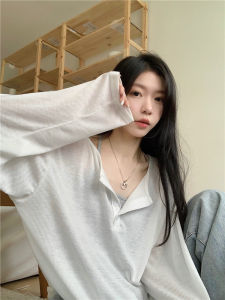 พลัสไซส์ คอวี แขนยาวสีทึบ เสื้อท่อนบน ผู้หญิง ฤดูใบไม้ผลิ ฤดูร้อน หลวม Fit พรางหุ่น เสื้อยืดถักไหล่ ลำลอง Wear