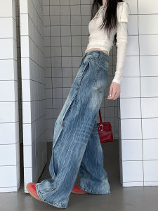 กางเกงยีนส์ขากว้างเอวกลางสไตล์อเมริกันย้อนยุค กางเกงขายาวทรงตรง กางเกงยีนส์ผู้หญิง ฤดูใบไม้ผลิ 2025 กางเกงขายาวทรงตรง