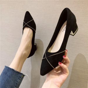 Womens Chunky Heel Slip-On Work Shoes French Style Pointed Toe Medium Heel Black High Heel Professional Office Shoes