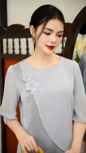 Áo kiểu thiết kế nữ tính mềm mại với chất liệu Lụa dập nhăn cao cấp mỏng nhẹ AN4L1143 Thương hiệu Thiều Hoa