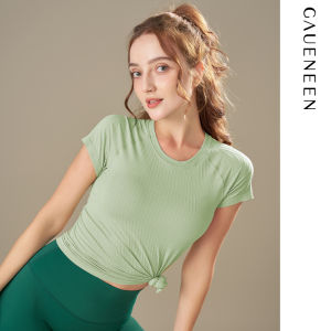 เสื้อโยคะแขนสั้นสำหรับผู้หญิง ฤดูใบไม้ร่วง/ฤดูหนาว เสื้อออกกำลังกายแบบสวมหัว ทรงสลิมฟิต ระบายอากาศได้ดี แห้งเร็ว ทนทานต่อการยืดหยุ่น