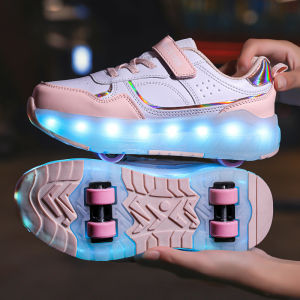 Children LED Light Sneakers 4 Wheels Luminous Shoes with Wheels Lights Rechargeable Girls Boys Women Kids Roller Skates Shoes
