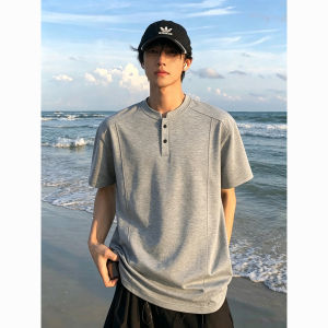ZHUOCAN | American Deconstructed Splice Stand Collar Short Sleeve Mens T-Shirt