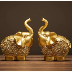 2 Pcs Patung Gajah Gold Fengshui Pembawa Keberuntungan Dekorasi Meja Ruangan Tamu Kantor