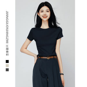 Womens Mid-Neck Short-Sleeve T-Shirt Half-High Collar Base Shirt Correct Shoulder White Cotton Inner Wear Slim Fit Style