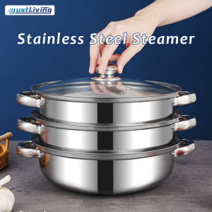 เพียงชุดหม้อที่นึ่งเหล็กสแตนเลสที่มีฝาหม้อแบบแก้วและมือจับสำหรับการทำอาหารเรือกลไฟ/หม้อปรุงอาหาร/กระทะทำงานสำหรับเตาและวัสดุหนาทนทานและทำความสะอาดง่าย
