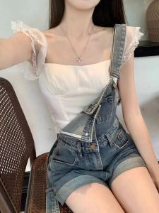 High Waist A-Line Denim Overalls Womens Summer Thin Short Pants Slimming Vintage Strap Pants Blue Denim Spring Summer