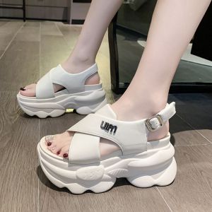 7cm High Genuine Leather Buckle Wedge Sandals for Women with Light and Soft Soles Casual and Versatile Roman Sandals