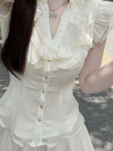 Áo Sơ Mi Voan Tay Lỡ Cổ Chữ V Dáng Ôm Mùa Hè Cho Nữ Chất Liệu Cotton Thoáng Khí Màu Trơn Cài Nút