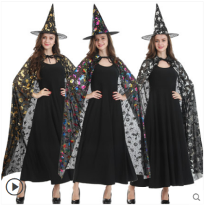 Halloween Costume Set Adult Women Men Childrens Gold Color Witch Cloak Robe Prop Set Polyester Material Traditional Chinese Stage Costume