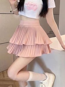 Summer New High Waist A-Line Double Layer Pleated Casual Mini Skirt Womens Pure Color Cake Style Half-length Trendy INS Skirt