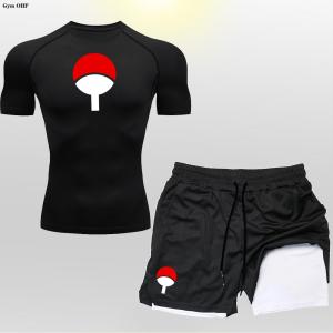 Anime 2 in 1 Shorts Mens Set Compression T Shirt Sportswear Suits Gym Training Clothes Jogging Sports Running Tracksuit Men