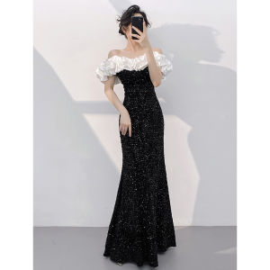 Black Off Shoulder Elegant Evening Gown