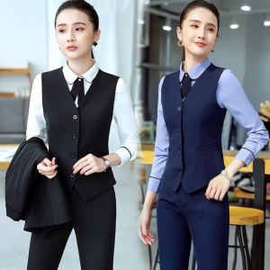 Black Formal Workwear Vest Womens 2023 Three-piece Suit Career OL Professional Uniform Single-breasted V-neck Polyester Fiber