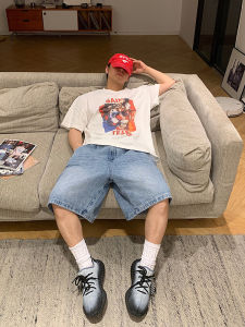 Washed Blue Mens Summer Thin Denim Shorts American Retro Cleanfit Five-Quarter Pants Youth Mid-Length Straight Leg Loose Fit