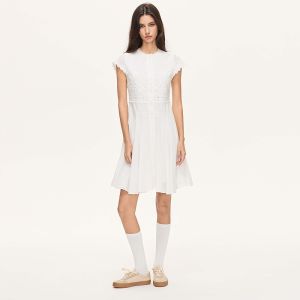S·DEER | Đầm Ngắn Tay Vintage Thêu Họa Tiết Không Đều Cotton