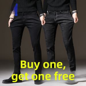 ROMON | Romon Mens Slim Fit Fleece Lined Thick Denim Jeans Casual Black Business Leisure Elastic Long Trousers Winter Season Fashion