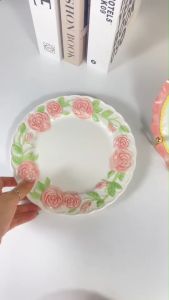 จานกุหลาบ จานดอกไม้ จานวินเทจ ลายดอกกุหลาบนูน ขนาด 8 นิ้ว