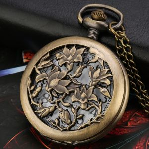Bronze Hollow Flower Quartz Pocket Watch Necklace Pendant Vintage Sweater Chain Womans Christmas Gift