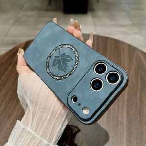 For Magsafe Magnetic Retro PU Leather Maple Leaf Pattern Phone case for iPhone 17 Air 16 E 15 14 Plus 13 12 11 ProMax Back Cover