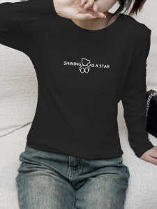 เสื้อยืดคอกลมแขนยาวสีดำสำหรับผู้หญิง ทรงเข้ารูป ใส่ได้หลากหลาย เสื้อเชิ้ตทรงเข้ารูปคอตตอนแท้ แฟชั่นฤดูใบไม้ร่วง