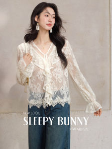 Ruffle Trim V-neck Puff Sleeve Lace Chiffon Top
