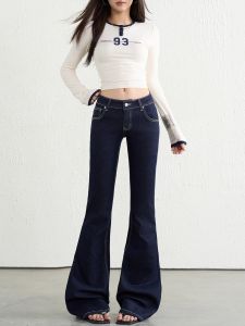 Retro Bell Bottom Jeans Deep Blue Womens Low Waist Design Slimming Elastic Not Legging Horse Hoof Jeans Autumn Style
