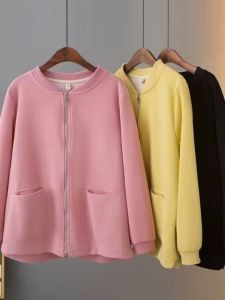 Retro Pink Long Sleeve Baseball Jacket Womens Loose Cardigan Style Spring Autumn New Arrival Large Size Cotton Coat Top