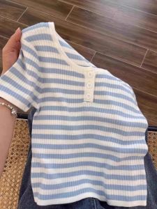 Slim Fit Striped Short Sleeve T-Shirt Womens Summer Fashion Korean Style Knitted Top Unique Shoulder Line Casual Wear