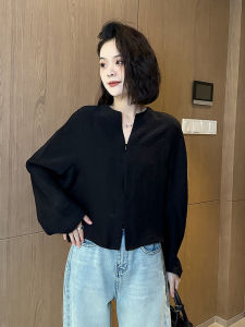 Áo Sơ Mi Nữ Tay Dài Cổ Chữ V Màu Đen Kiểu Pháp Ngắn Khóa Kéo Dáng Rộng Thiết Kế Đầu Xuân Mới 2025 Thời Trang Công Sở Thường Ngày