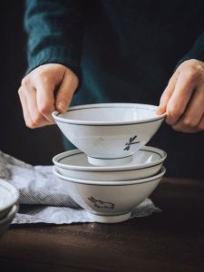 Retro Japanese Style Large Size Bowl Zheteng Family Hand Drawn Illustration Glazed under Color Porcelain Rice Noodles Serving Bowl