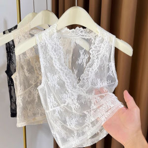 เสื้อชั้นในลูกไม้สีดำคอวีสไตล์ฝรั่งเศสสำหรับผู้หญิง เสื้อกั๊กแขนกุดแบบมีขนแกะ เสื้อชั้นในแบบมีสายรัด ทรงเข้ารูป เสื้อชั้นในแบบมีขนแกะ แขนกุด ปกติ