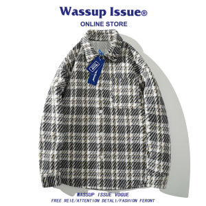 Wassup Issue Mens Long Sleeve Shirt Checkered Color Block Style Autumn Casual Loose Fit Fashionable Youth Pop Linen Polyester