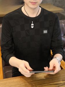 HENGYUANXIANG | Áo thun nam tay dài thời trang cao cấp kẻ caro thường ngày mùa xuân thu áo nỉ đa năng cổ tròn in họa tiết polyester