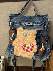 Original Doll Cute Denim Backpack Y2K Niche Design American Retro Style Bookbag  Sweet Style Double Layer Polyester Lining