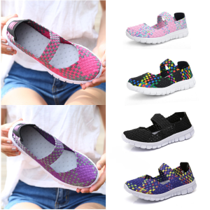 Handwoven Elastic Band Womens Slip-On Shoes Breathable Low-Top Lazy Flat Bottom Sweet Style Color Block round Toe Mom Shoes