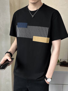 Summer Thin Pure Cotton Short Sleeve T-Shirt Mens round Neck Ice Silk Cotton New Style Half Sleeve Personality Splicing Summer Base Shirt
