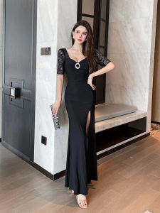 ชุดเดรสยาวคอวีลูกไม้เซ็กซี่ กระโปรงทรงเอเข้ารูป แขนสั้น ผ้าโพลีเอสเตอร์ ชุดงานปาร์ตี้ในร่ม ชุดทำงาน ชุดยาวคลุมเข่า