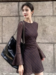 DANTING | Vintage Plaid Brown Fitted Waist Midi Dress New Autumn Style