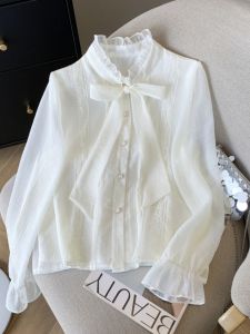 Korean Style Loose Fit Long Sleeve Lace Shirt Womens Spring Autumn Butterfly Knot Belt Design Inner Wear Base Top