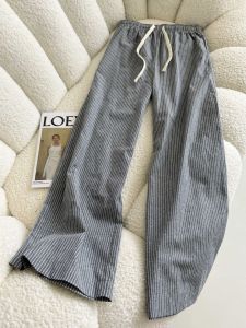 Gray Striped Cotton Linen Pants Drawstring Thin Casual Long Trousers Summer Comfortable High Waist Straight Leg Pants
